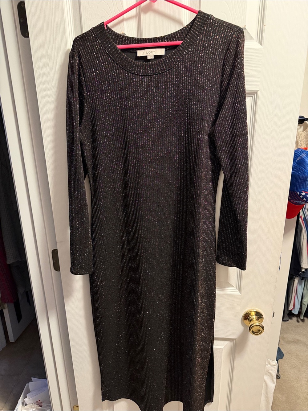 LOFT Black Metallic Thread Long Sleeve Midi Sweater Dress (Worn Once)